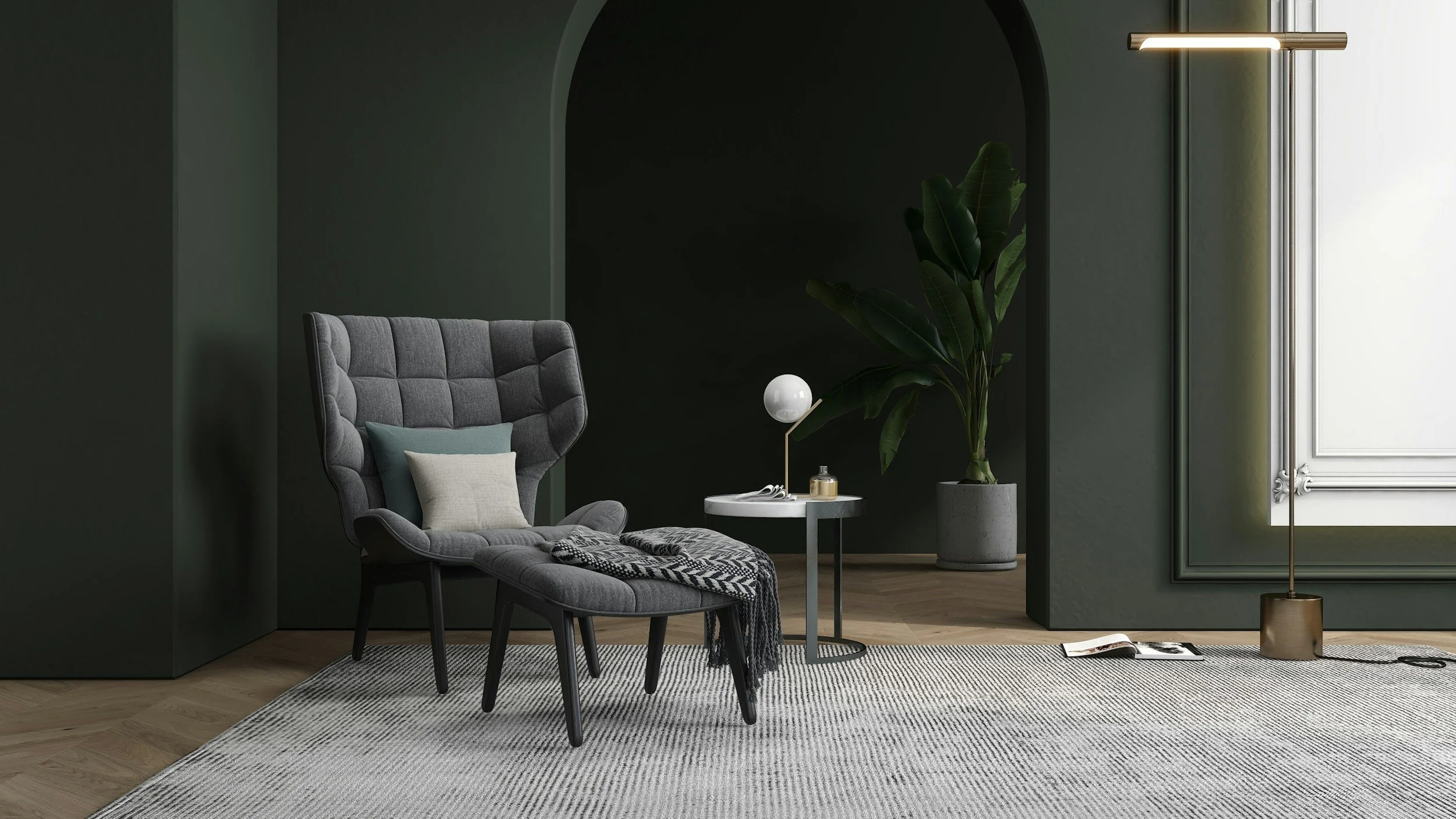 Sculpted lounge chair in a deep-green arched alcove